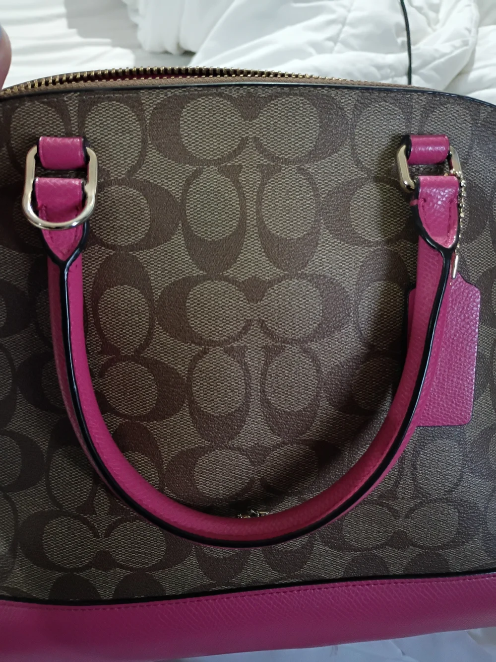 Coach Brown Signature Satchel with Pink Trim